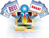 An abstract figure with a globe for a head, surrounded by signs reading "Buy! Buy! Buy!" and "Sale!", representing online shopping or marketing.