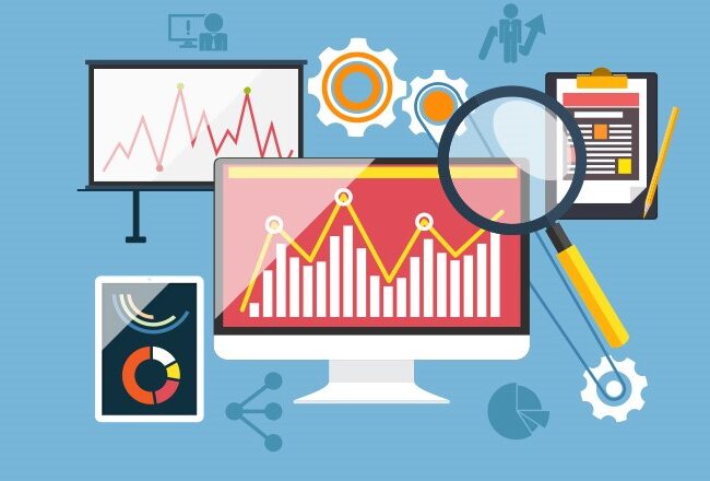 Illustration of data analysis tools, including graphs on screens, a magnifying glass, gears, a tablet with a pie chart, and a clipboard.