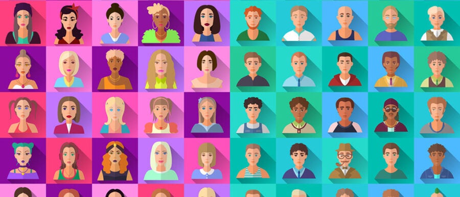 A colorful grid of diverse, stylized avatars set against different gradient backgrounds, showcasing a variety of hairstyles, clothing, and accessories.