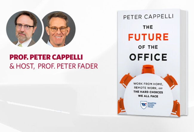 Promotional image featuring two individuals alongside the book "The Future of the Office" by Peter Cappelli. The book discusses work from home, remote work, and related challenges.