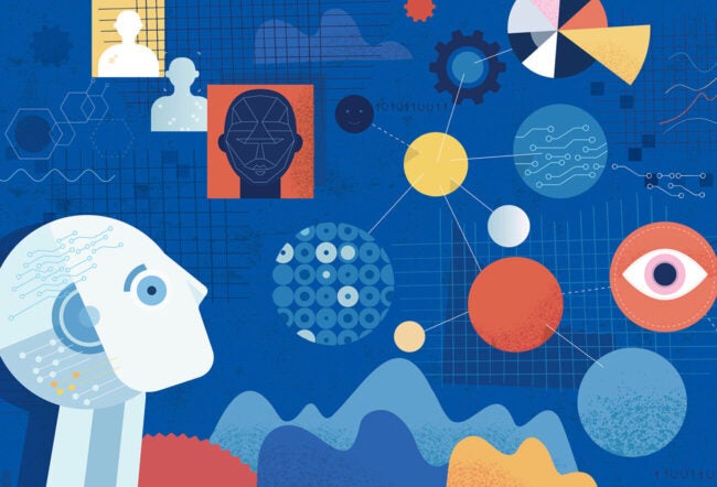 Abstract illustration of artificial intelligence concepts, featuring a human-like figure, neural network patterns, gears, and data elements.