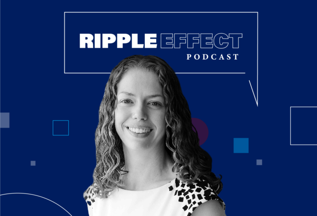 Headshot of Katy Milkman in front of Ripple Effect podcast logo for her episode on how to save more for retirement
