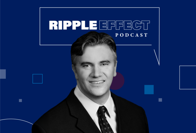 Headshot of Kent Smetters in front of Ripple Effect podcast logo for his episode on the retirement savings gap