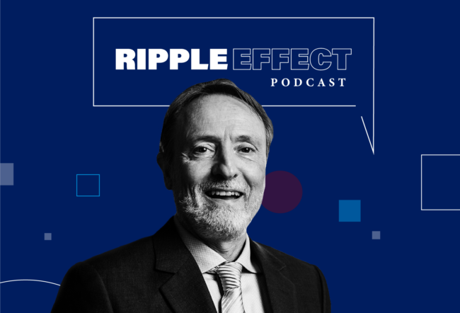 Headshot of Peter Cappelli in front of Ripple Effect podcast logo for his episode on retirement and the changing workforce