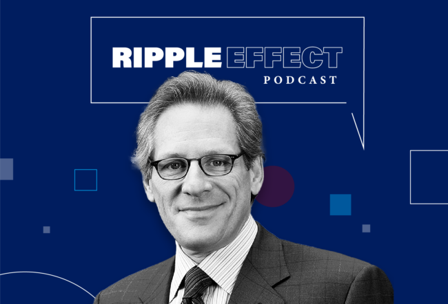 Headshot of Stewart Friedman in front of Ripple Effect podcast logo for his episode on work-life balance in retirement