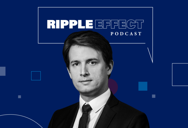 Headshot of Sylvain Catherine in front of Ripple Effect podcast logo for his episode on social security and wealth inequality