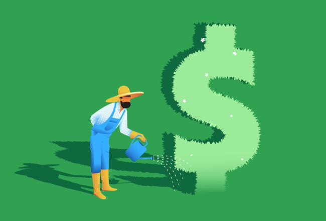 Illustration of a gardener watering a bush shaped like a dollar sign to symbolize ESG and green investing