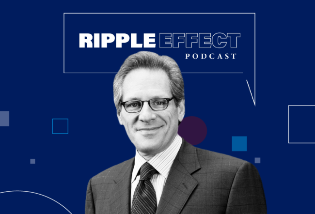 Headshot of Stew Friedman in front of Ripple Effect podcast logo for his episode on wellness at work